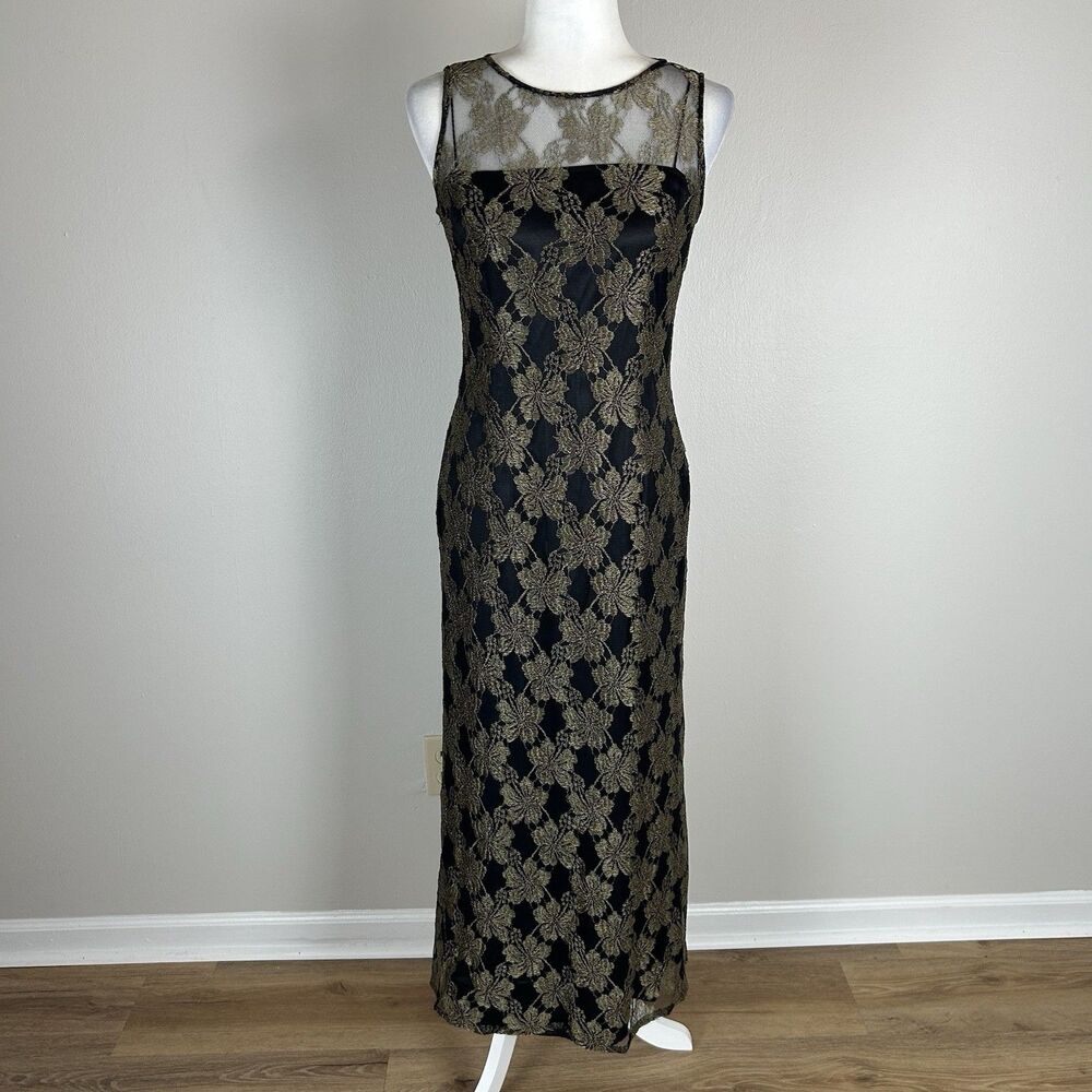 Rimini By Shaw 6 Black Maxi Dress Gold Floral Gala Event Party Gown Embroidered